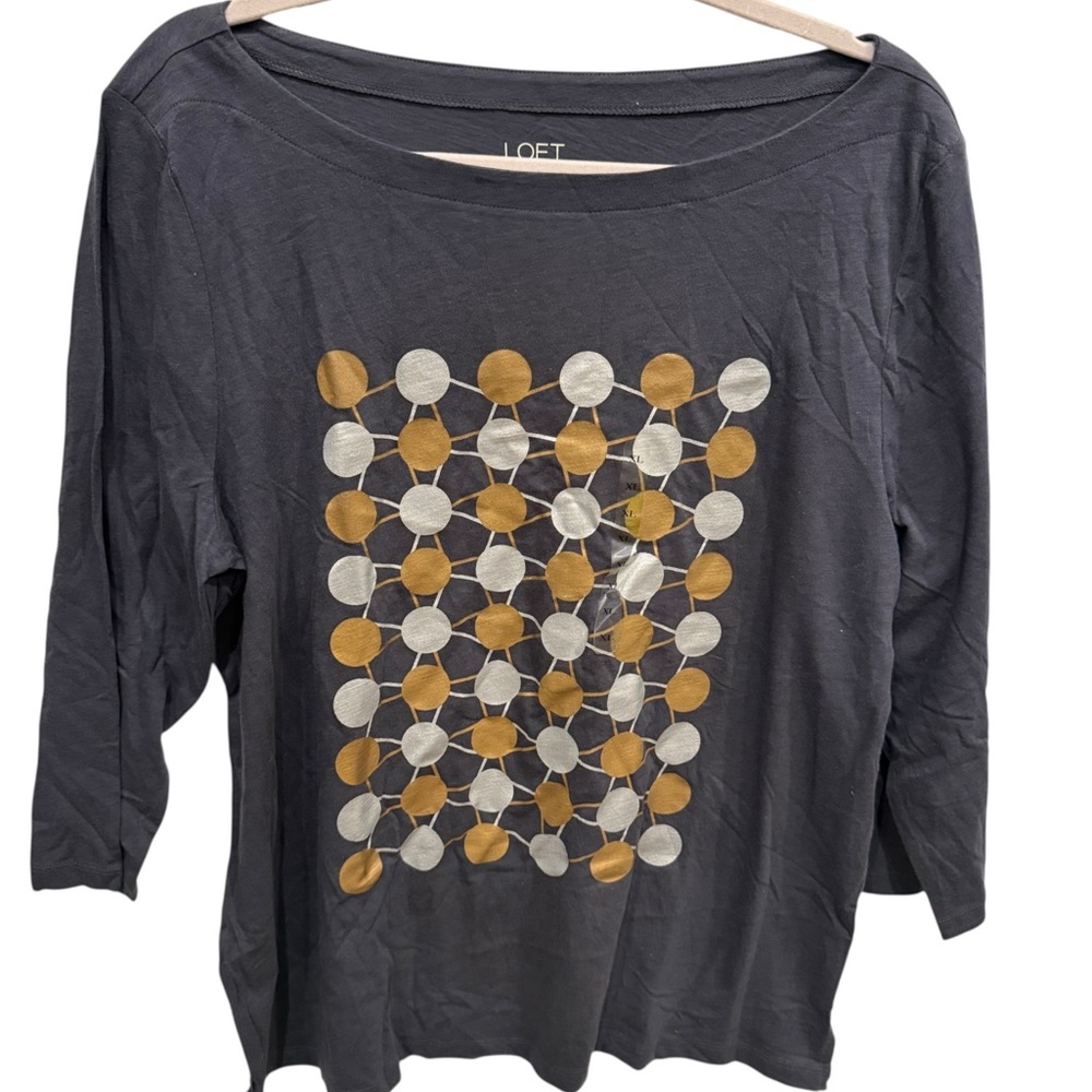 LOFT Women's Charcoal Top with Gold and White Circles